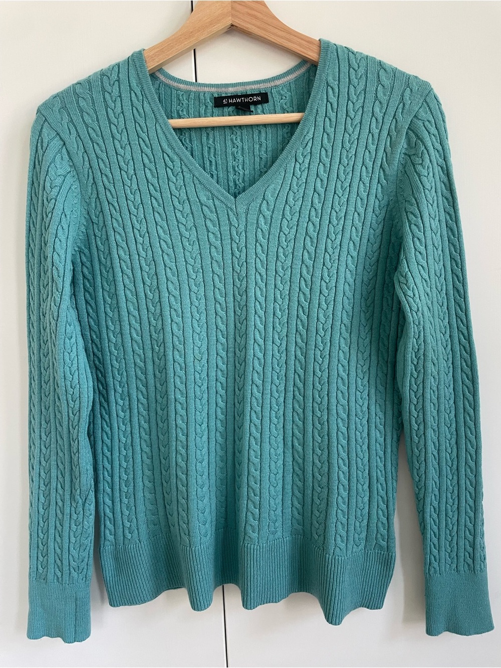 41 Hawthorn Teal Cable Knit V-Neck Sweater Cashmere Silk Blend M